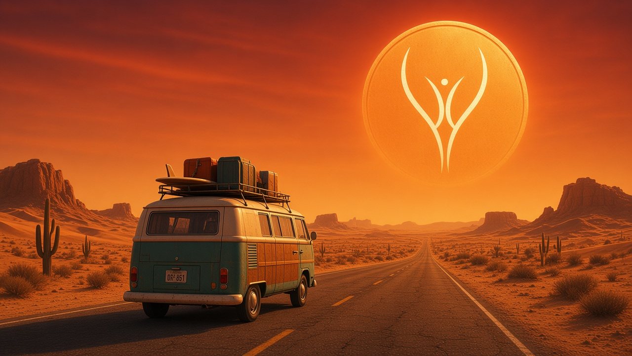 A camper van on a desert road under an orange sun